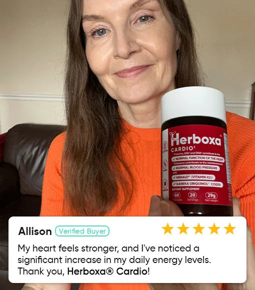 Herboxa Cardio product review: "My heart feels stronger, and I've noticed a significant increase in ym daily energy levels. Thank you, Herboxa Cardio!"