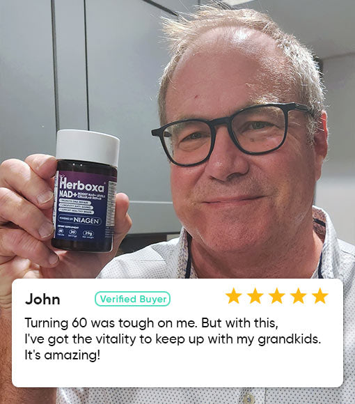 Herboxa NAD+ product review: "Turning 60 was tough on me. But with this, I've got the vitality to keep up with my grandkids. It's amazing!"